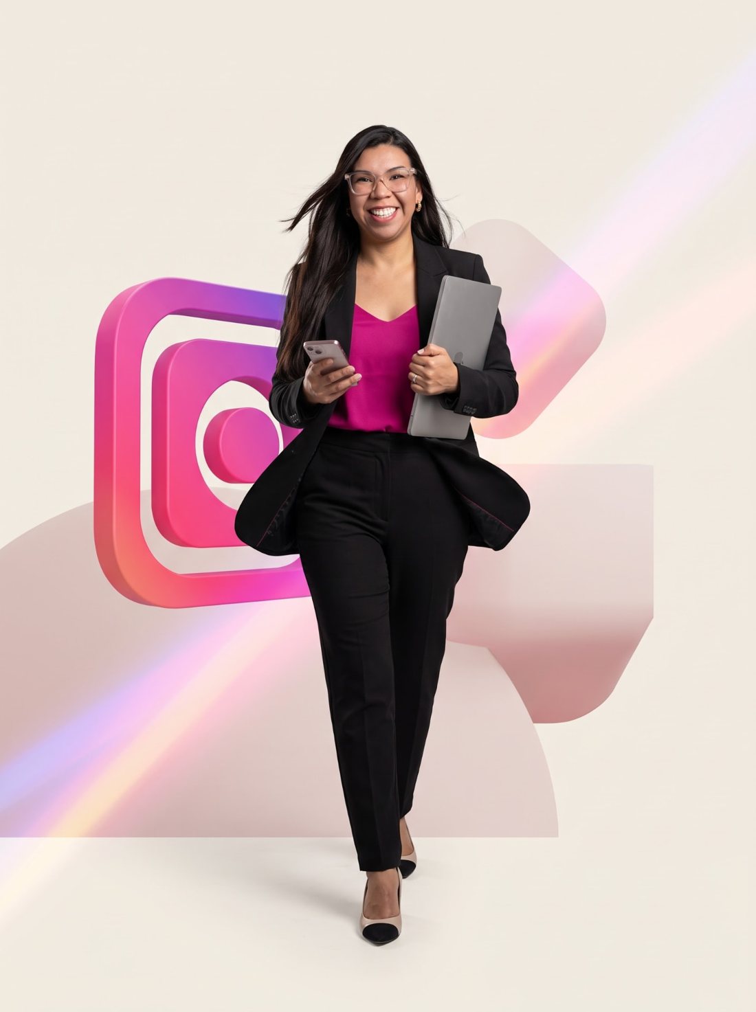 Josy Salazar caminando con laptop y smartphone