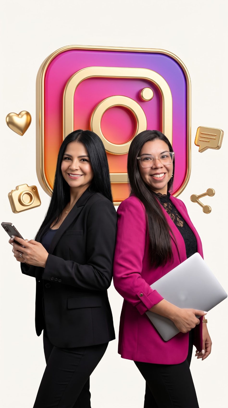 Daniela Silva y Josy Salazar espalda con espalda frente a un gran logo 3D de Instagram