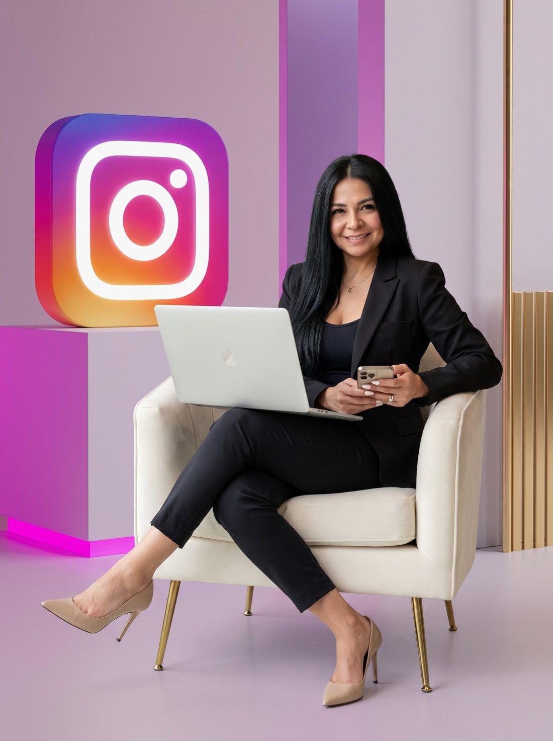 Daniela Silva sentada con laptop y smartphone junto al logo 3D de Instagram